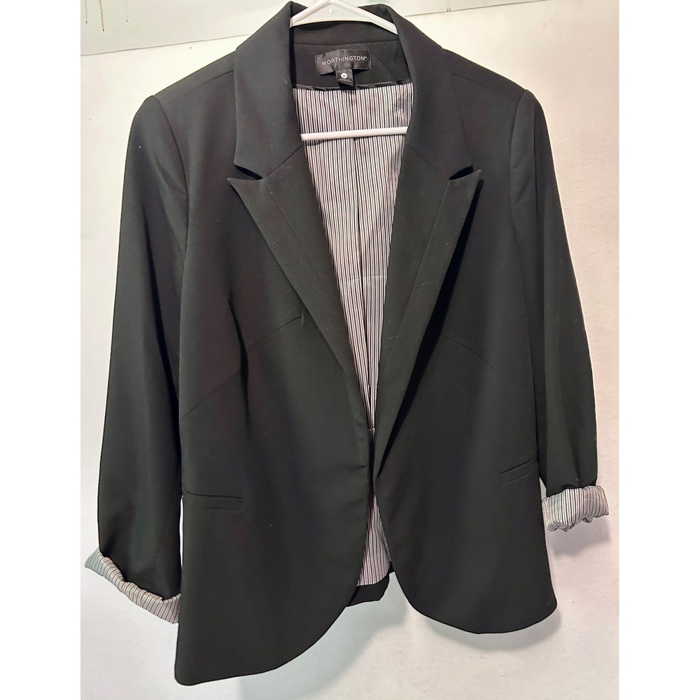 Worthington Womens Black Open Front Blazer Striped Cuffed Sleeve Plus Size 1X